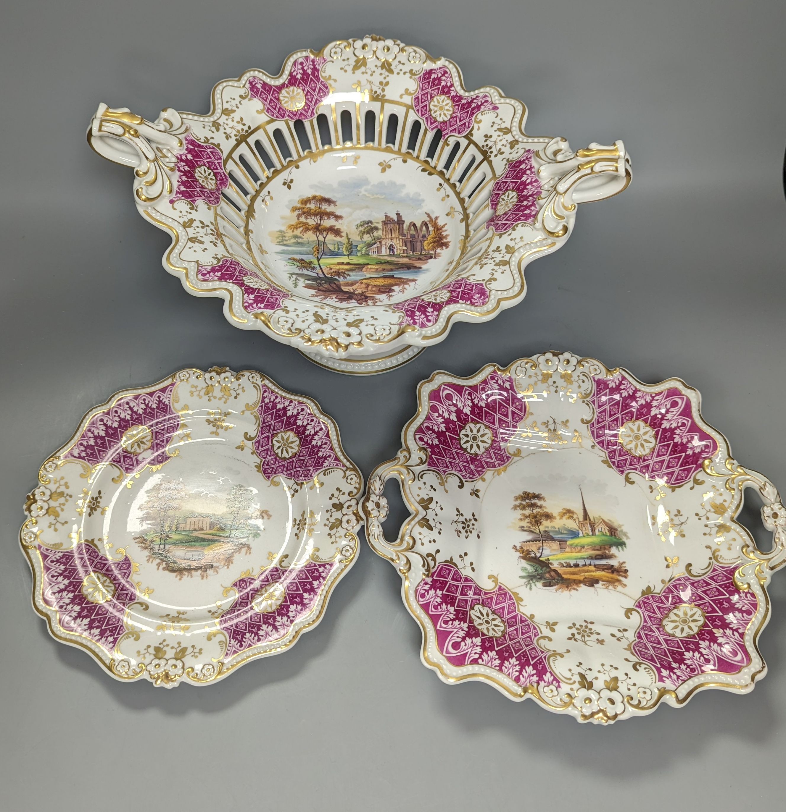 A Ridgways porcelain topographical part dessert service, c.1835, pattern number 2168, the sauce tureens and covers pattern number 2179